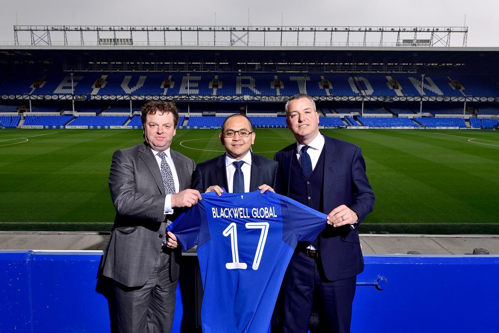 Patrick Latchford, Michael Chai and Alan McTavish seal the Blackwell Global and Everton Football Club partnership deal.